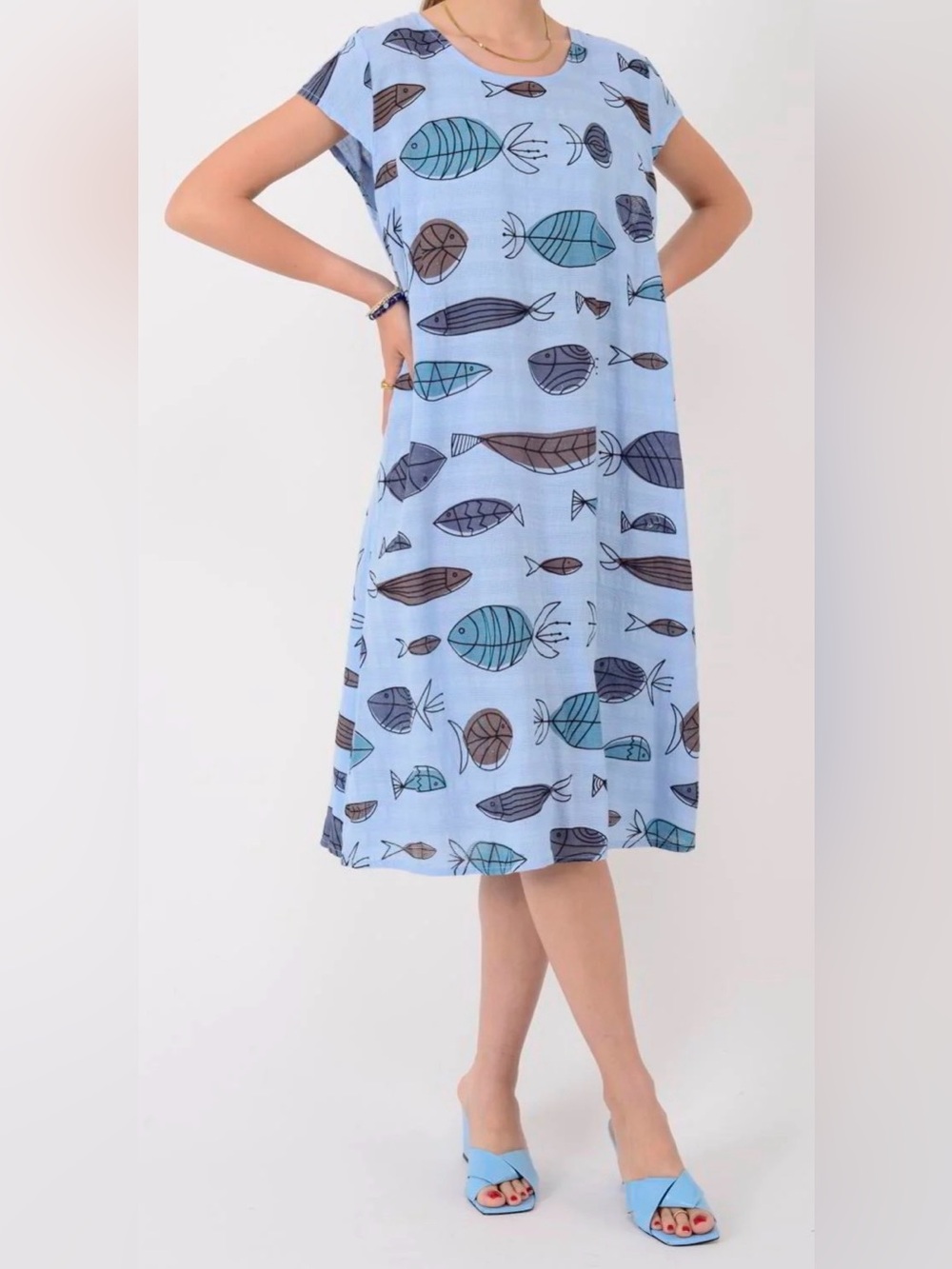 Light Blue Fish Print Cotton Dress size medium - Picture 1 of 5